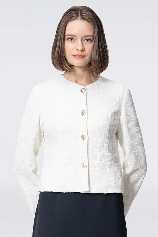 Stretch Lame Tweed:  No-Collar Short Jacket