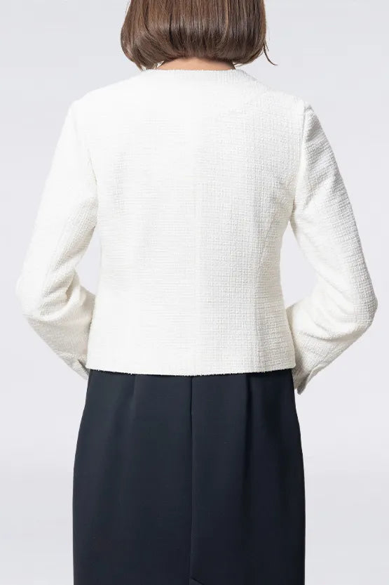 Stretch Lame Tweed:No-Collar Short Jacket