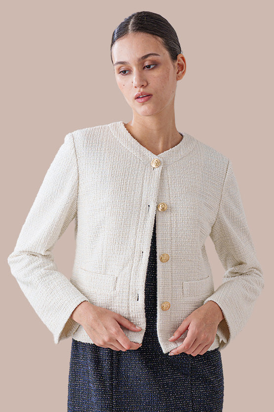 ラメツイード】ノーカラーショート丈ジャケット– kay me