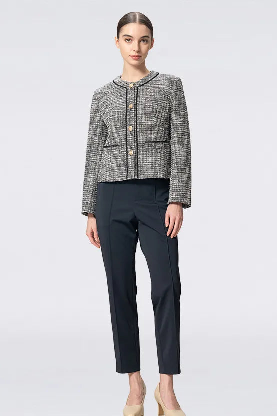 Stretch Lame Tweed:No-Collar Short Jacket