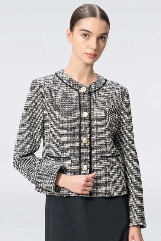 Stretch Lame Tweed:  No-Collar Short Jacket