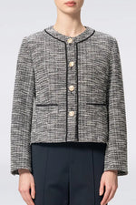 Stretch Lame Tweed:No-Collar Short Jacket