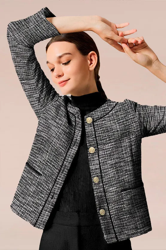 Stretch Lame Tweed:No-Collar Short Jacket
