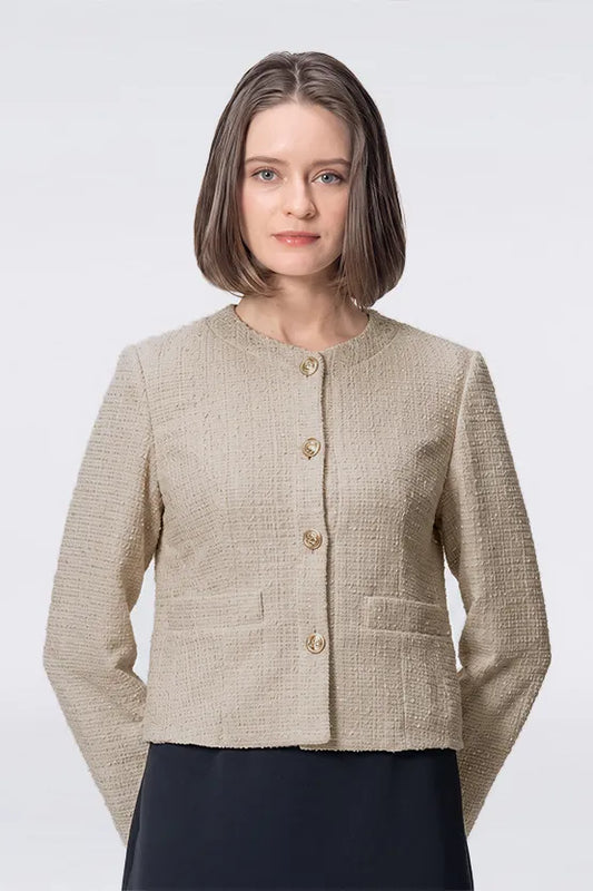 Stretch Lame Tweed:  No-Collar Short Jacket