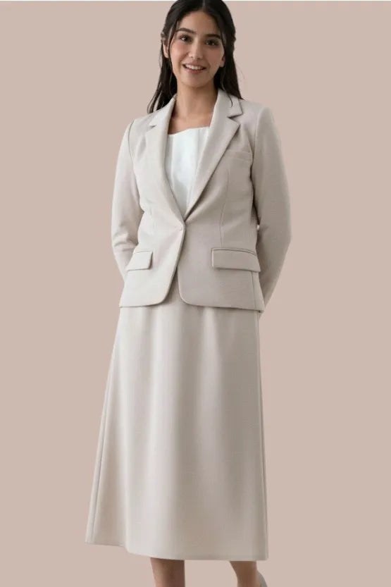 【ダブルジャージー】グレージュ　ミモレ丈セットアップスーツ