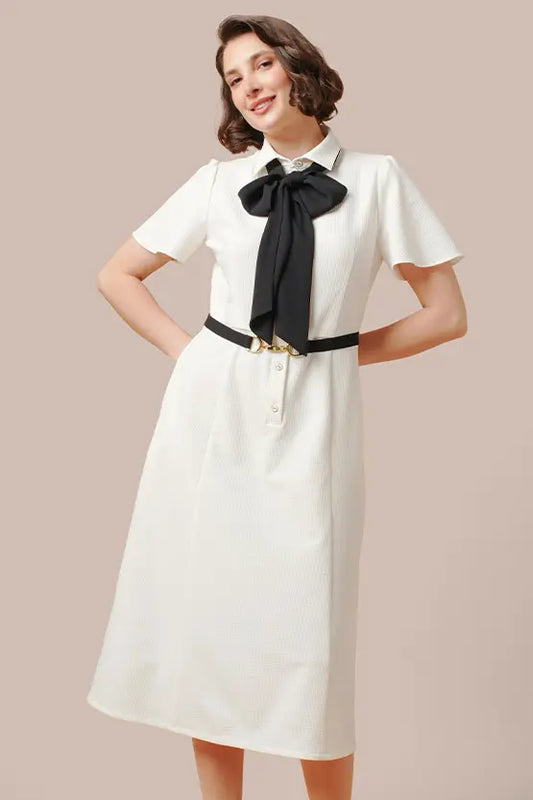 Stretch Seersucker Bow-tie Shirt Dress
