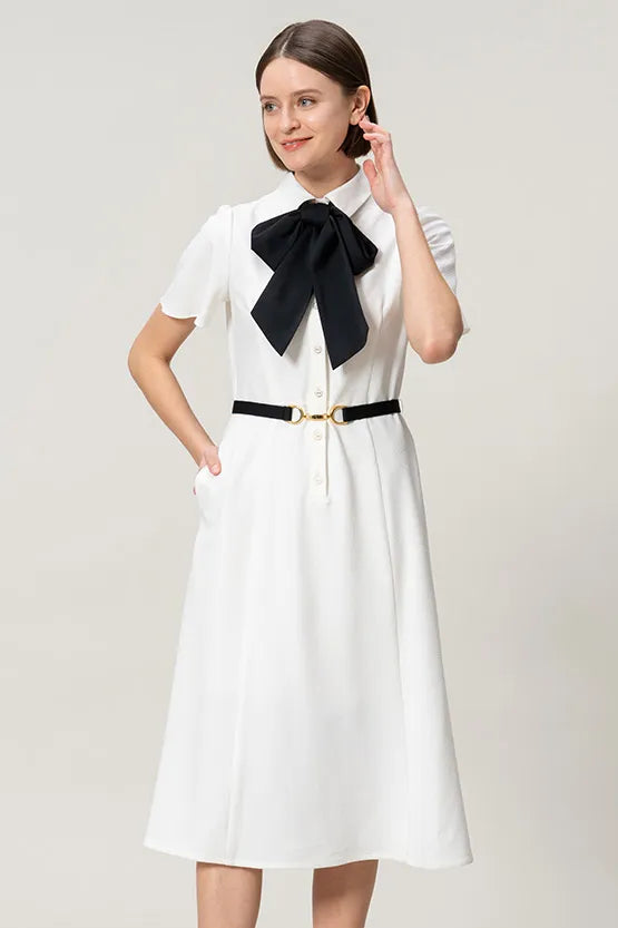 Stretch Sucker: Stretch Seersucker Bow-Tie Shirt Dress