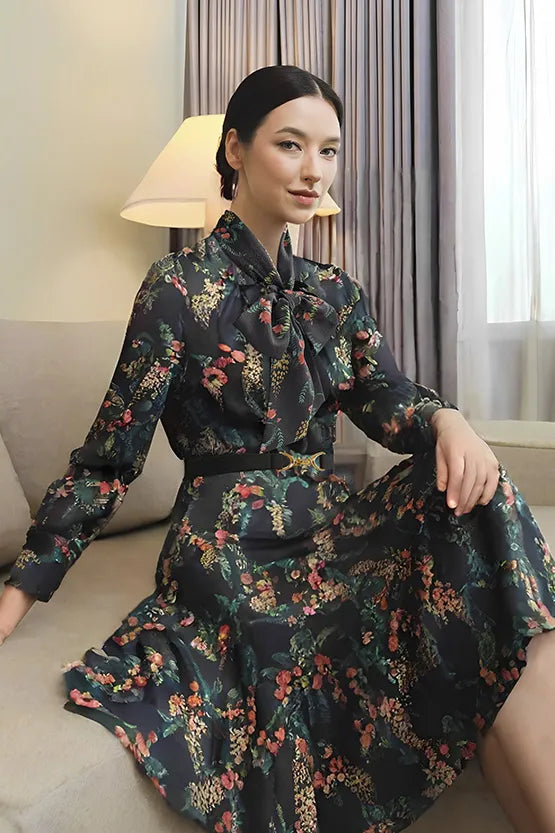 Stretch Chiffon:Black Garden Mermaid Dress With Tie