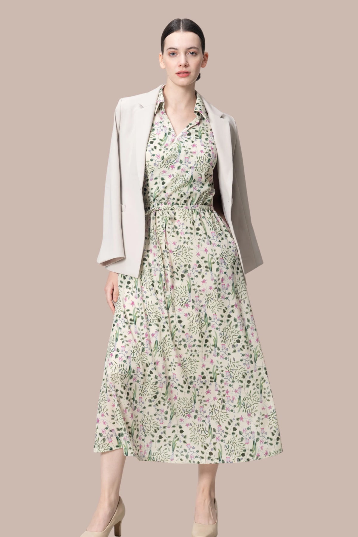 【ストレッチシフォン】衿付きカシュクールワンピースロング