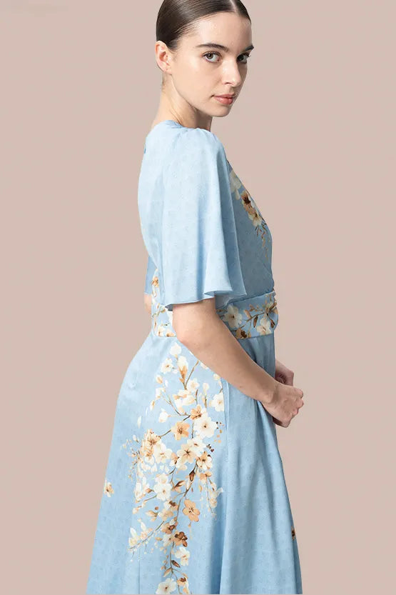 Stretch Georgette SAKURA Flare Dress with Bell Sleeves