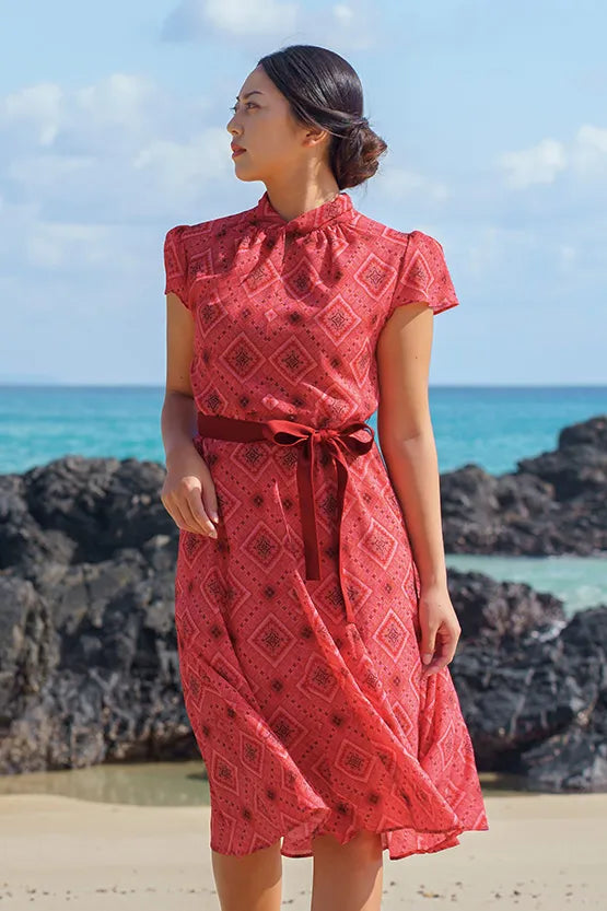 【大島紬意匠 ストレッチシフォン】ミドル丈セミマーメイドワンピース