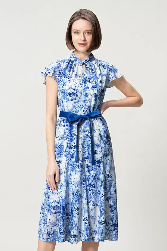 【ストレッチシフォン】ツイストネックミドル丈マーメイドワンピース