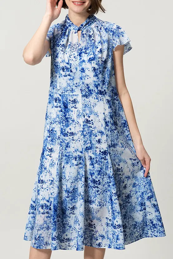 【ストレッチシフォン】ツイストネックミドル丈マーメイドワンピース