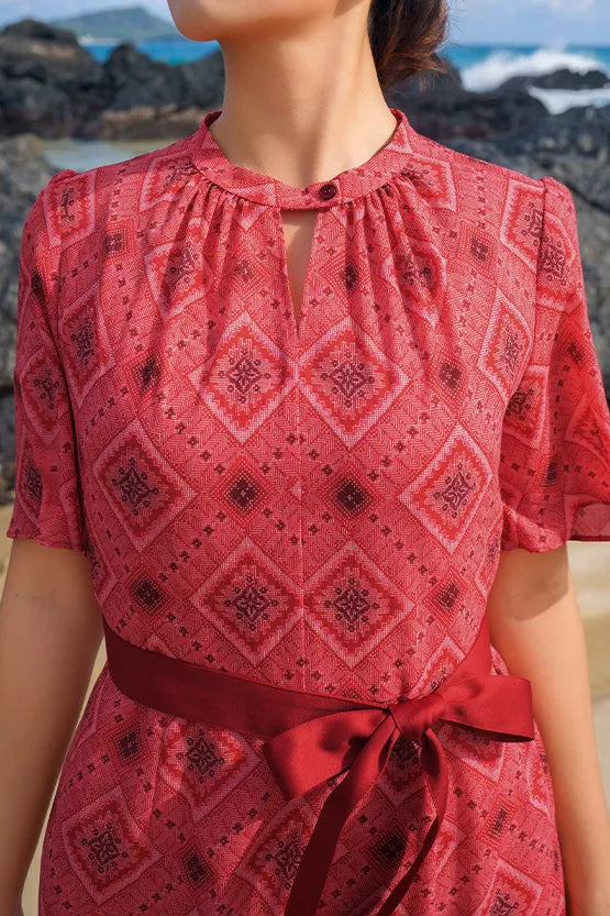 【大島紬意匠 ストレッチシフォン】ひざ丈マーメイドワンピース