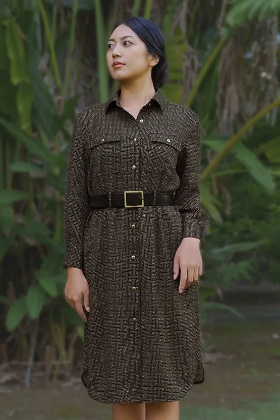 【大島紬意匠 ストレッチジョーゼット】シャツワンピース