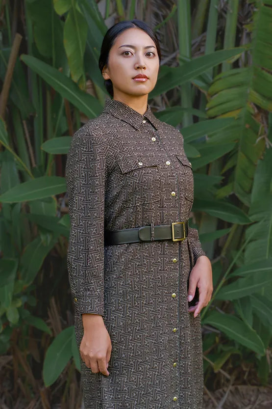 【大島紬意匠 ストレッチジョーゼット】シャツワンピース