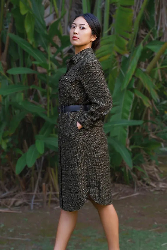 【大島紬意匠 ストレッチジョーゼット】シャツワンピース