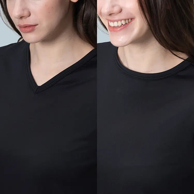 Versatile luxury dress that transforms from V-neck to crew neck with effortless elegance