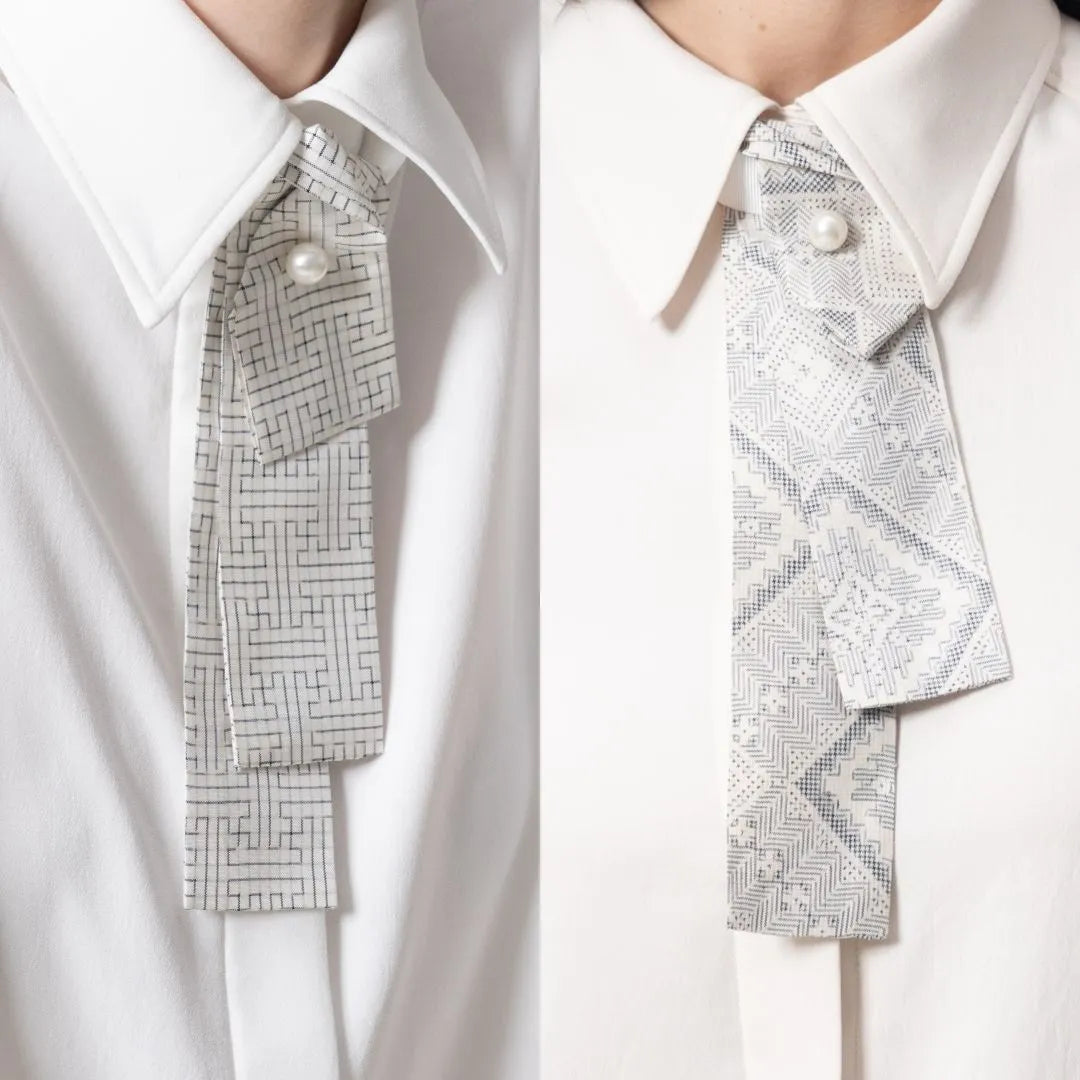 本物の白・大島紬を贅沢に使用した、取り外しボウタイ