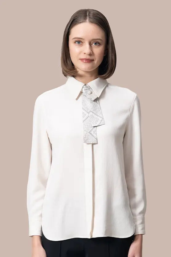 Authentic Oshima Tsumugi: Stretch Georgette Shirt with Bow Tie