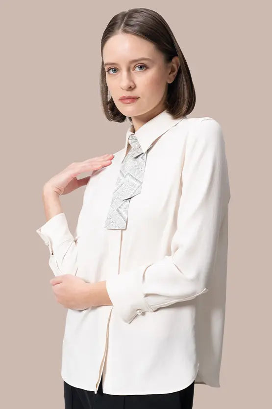 Authentic Oshima Tsumugi: Stretch Georgette Shirt with Bow Tie