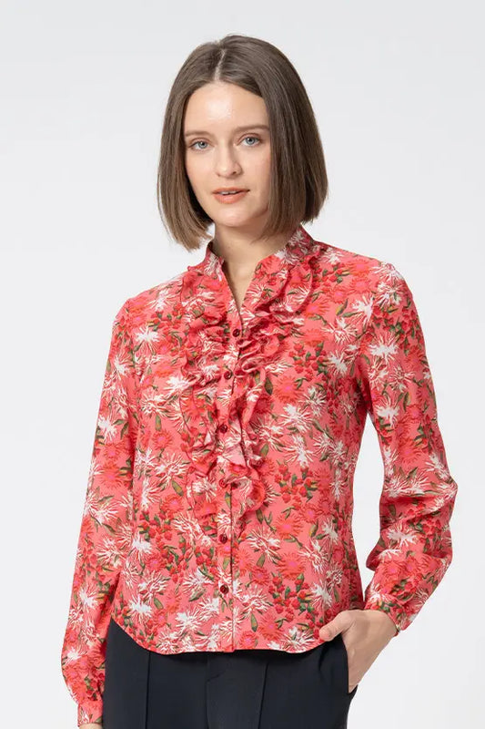 【ストレッチシフォン】フリル長袖ブラウス