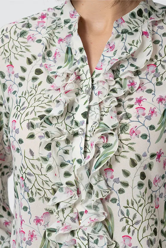 【ストレッチシフォン】フリル長袖ブラウス