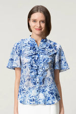 【ストレッチシフォン】フリル半袖ブラウス