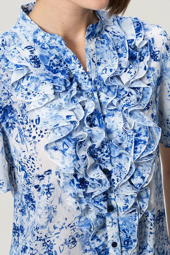 【ストレッチシフォン】フリル半袖ブラウス