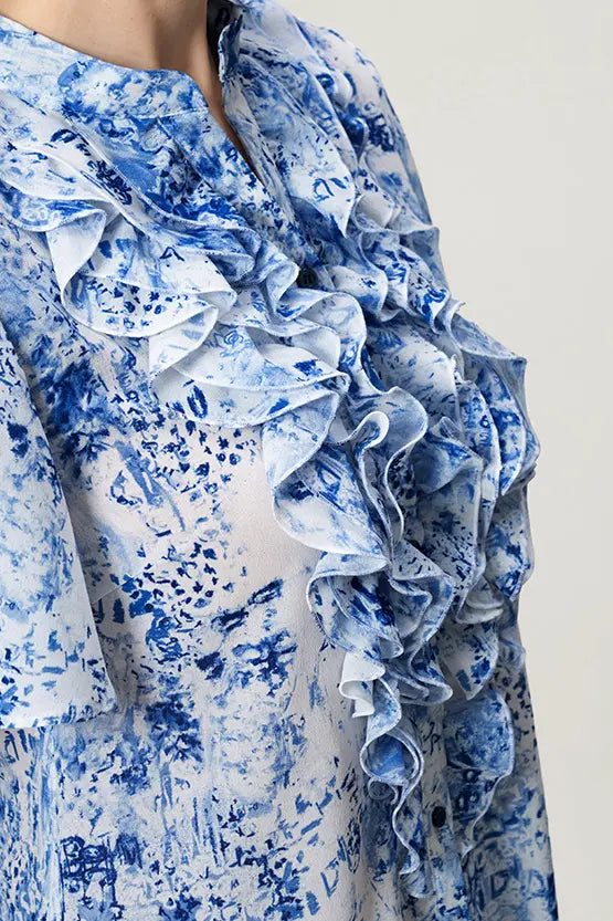 【ストレッチシフォン】フリル半袖ブラウス