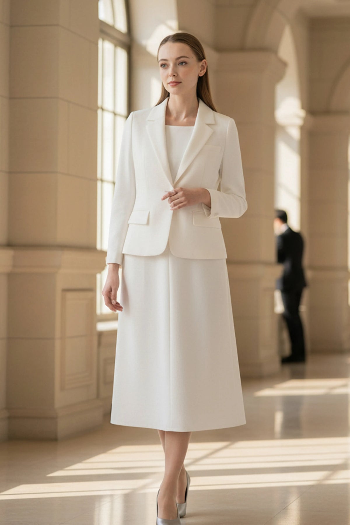 【ダブルジャージー】ホワイト　ミモレ丈セットアップ