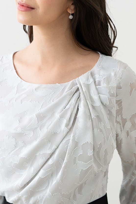 Gray Chiffon x Black Décolleté Tuck Dress