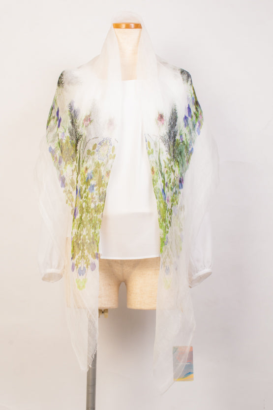 植物柄ホワイトxグリーン　麻プリントストール