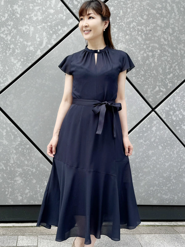【ストレッチシフォン・フレンチスリーブ】ネイビー　ロングマーメイドワンピース