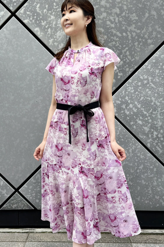 【ストレッチシフォン】水彩モーブ　ロングマーメイドワンピース