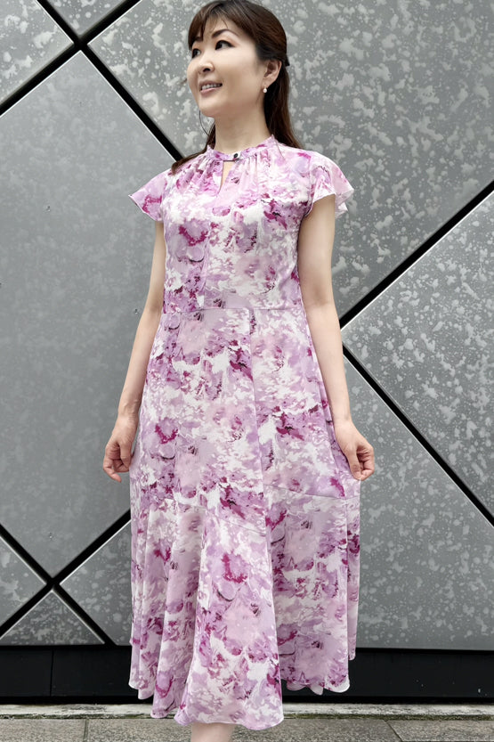 【ストレッチシフォン】水彩モーブ　ロングマーメイドワンピース