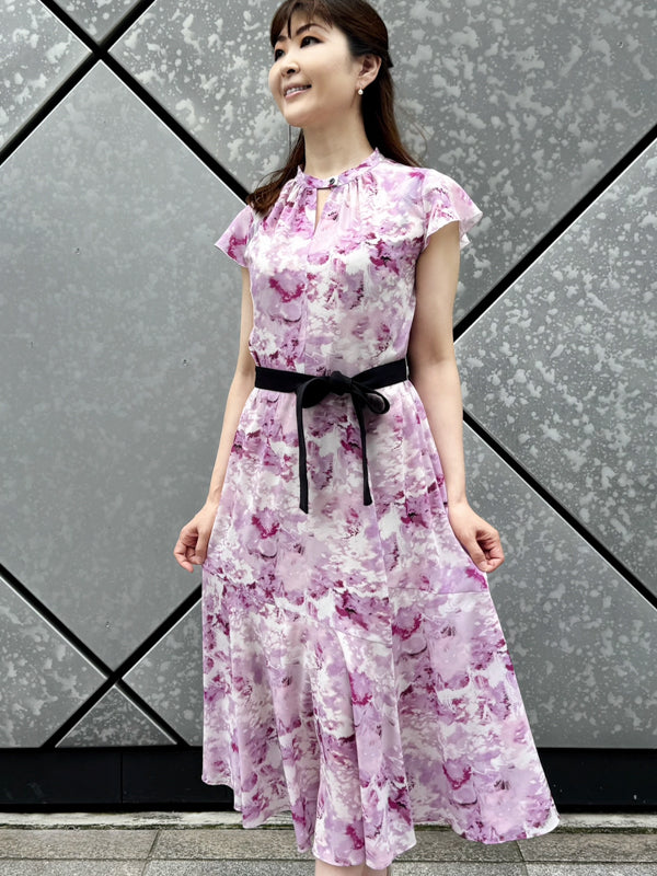【ストレッチシフォン】水彩モーブ　ロングマーメイドワンピース