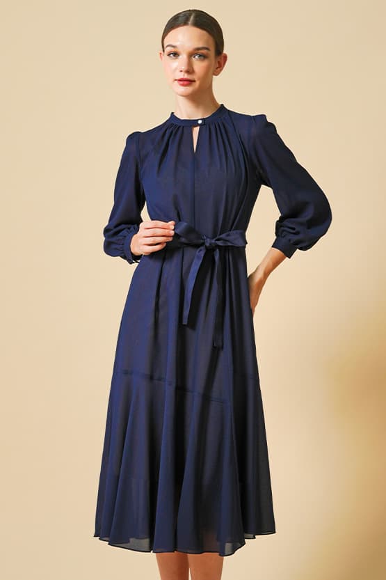 【ストレッチシフォン】ネイビー　ロングマーメイドワンピース
