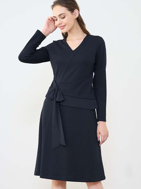 Double Jersey Navy V-neck Docking A-Line Dress