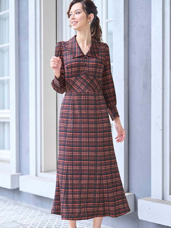 ロング丈】 レッドタータンチェック ロング衿付きワンピース– kay me