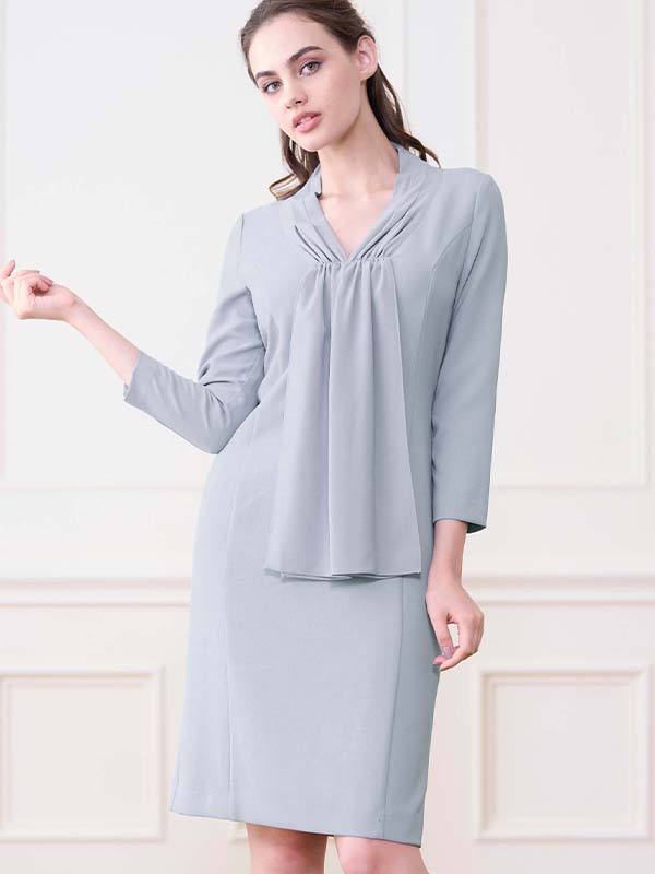 【ストレッチシフォン 】 ペールブルー　ボウタイワンピース