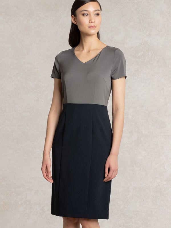 Charcoal x Navy V-neck I-line Docking Dress