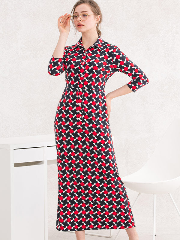 【ロング丈】 レッドピンホイール　ロングシャツワンピース