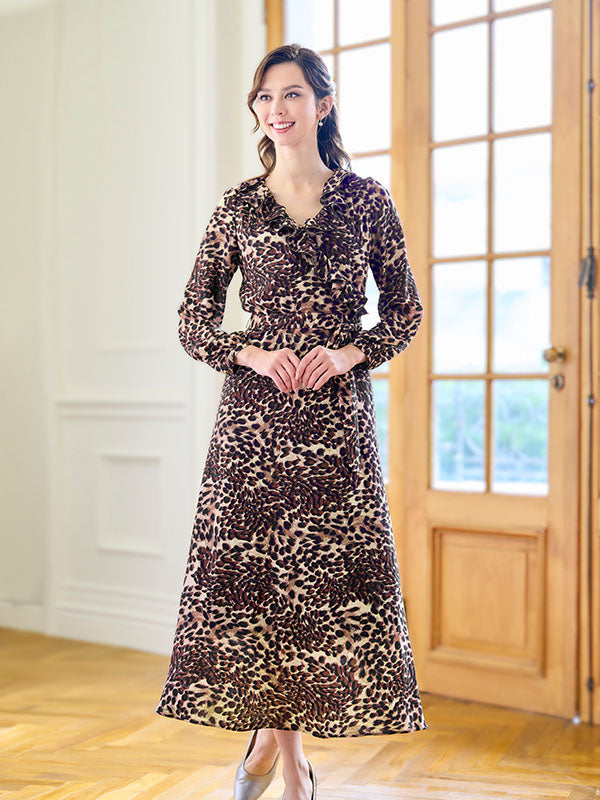 【ストレッチシフォン】 レオパード　シフォンフリルロング