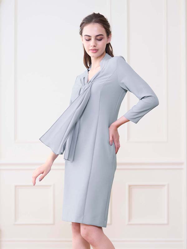 【ストレッチシフォン 】 ペールブルー　ボウタイワンピース