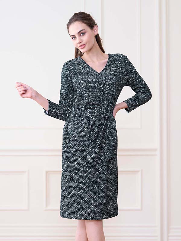 Navy Tweed Print V-neck Daily Dress