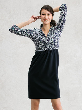 まい　Aワンピ　ネイビーS 通年素材】スマートストレッチ ネイビーミルフルール 切替シェル