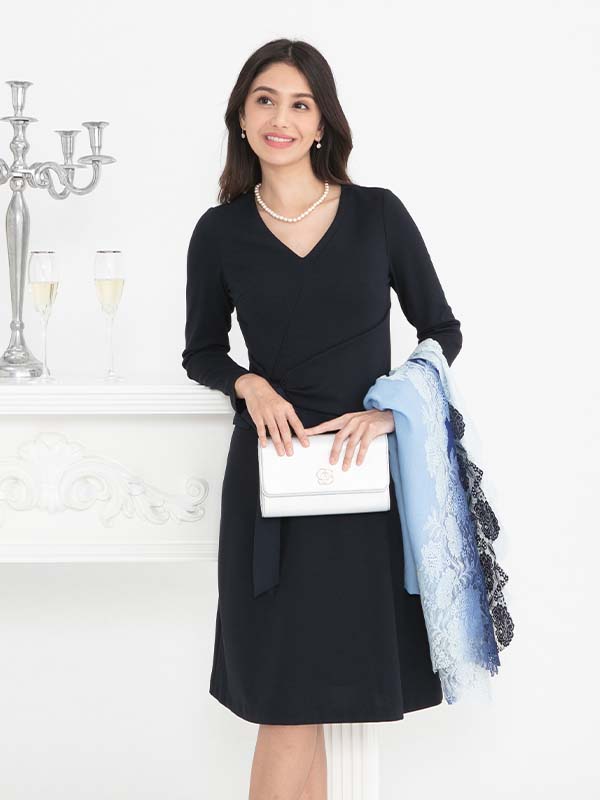 Double Jersey Navy V-neck Docking A-Line Dress