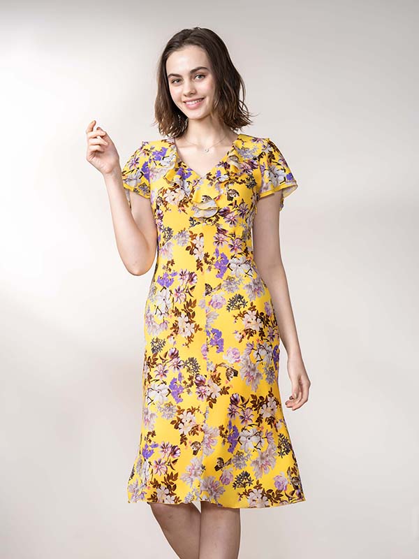 【ストレッチシフォン】 ドラマティックイエロー　ラッフルワンピース