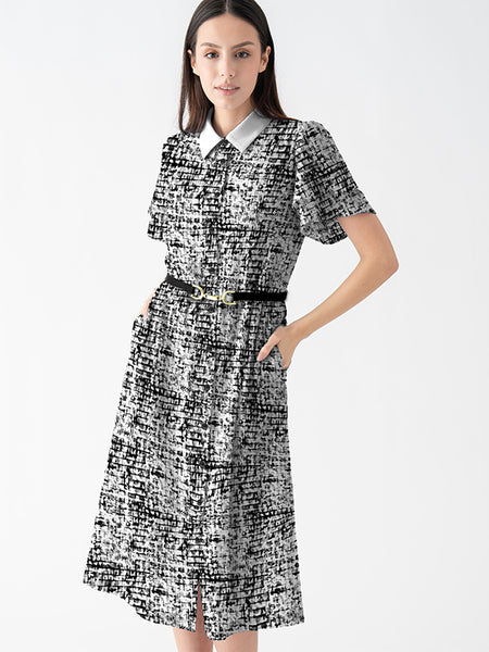 ストレッチシフォン】モザイクチェック ボウタイ付きシャツワンピース